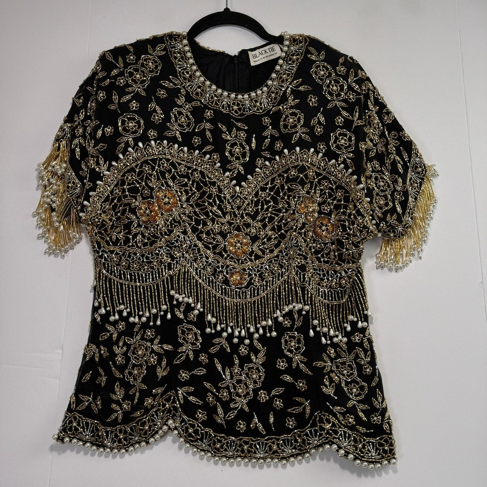 Black Tie by He-Ro Industries Vintage Beaded Silk Blouse Gold Pearl Fringe L